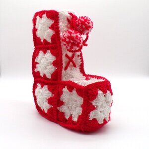 Christmas Crocheted Stocking Bootie Boot Granny Squares Grandmacore Handmade Red